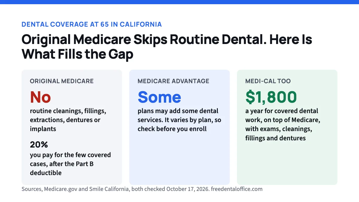 Comparison card. Original Medicare covers no routine cleanings, fillings, extractions, dentures or implants, and you pay 20 percent for the few covered cases after the Part B deductible. Some Medicare Advantage plans may add dental. Medi-Cal pays up to 1,800 dollars a year for covered dental work on top of Medicare.